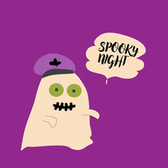 Cute halloweens ghost zombie. Childrens character with funny face and speech bubble boo or spooky night.