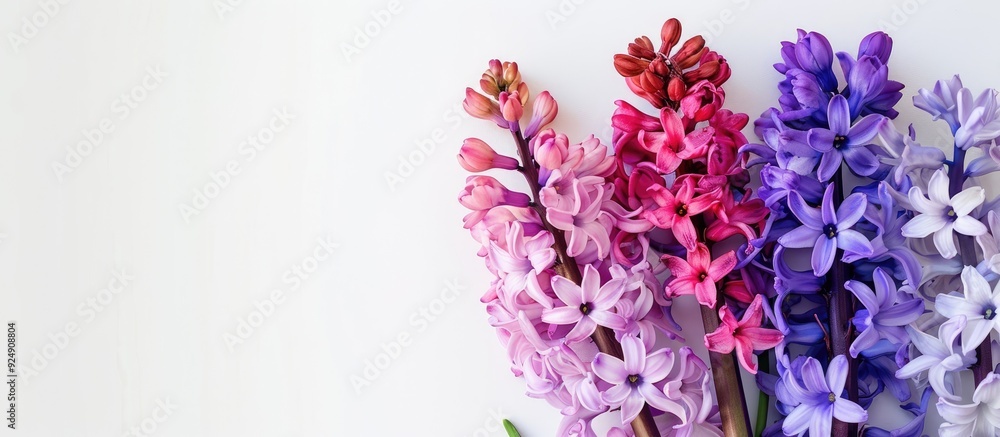 Aufkleber Lilac and crimson hyacinths against a white background left aligned with mock up copy space image available