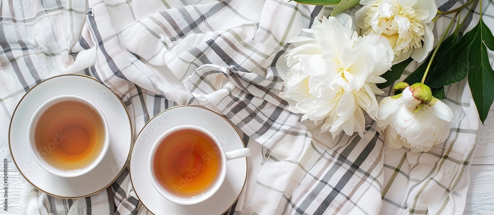 Poster a summer themed flat lay with white peonies and a checkered linen plaid set on a white background fe