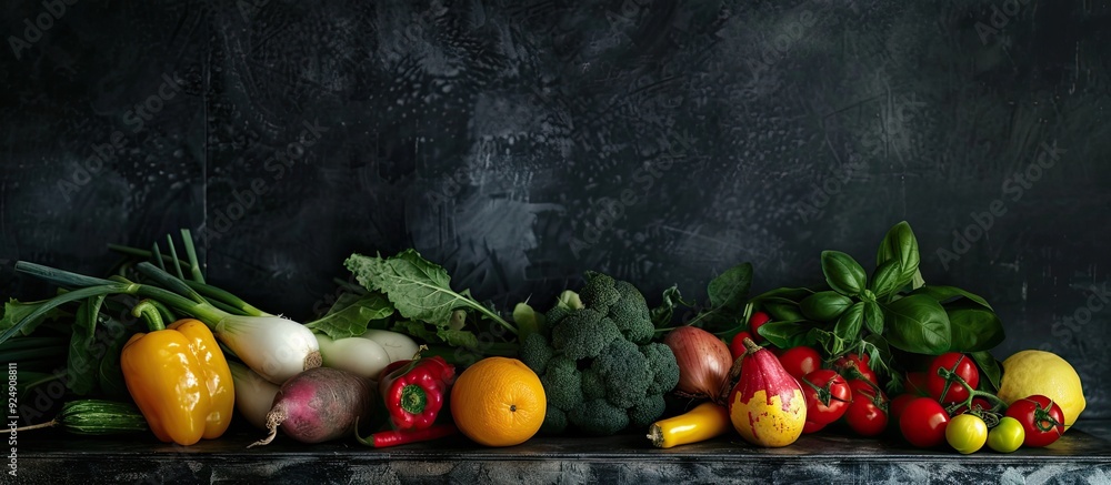 Aufkleber various ripe vegetables displayed on a dark concrete table with room for text in the image. creative