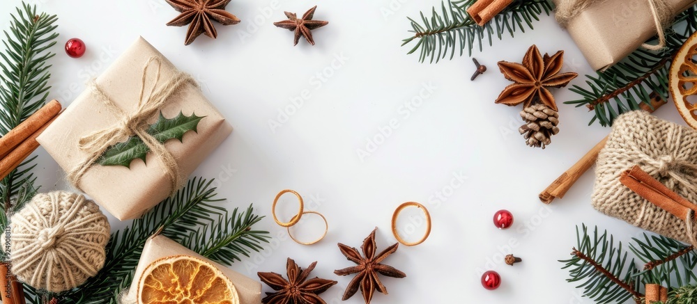 Poster A festive Christmas arrangement featuring knitted gifts greenery and spices on a white backdrop Top view flat lay with ample copy space image
