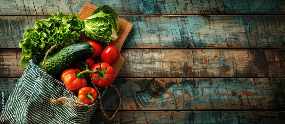 Poster fresh vegetables in a reusable shopping bag from a grocery farm shop beside a chopping board on a vi