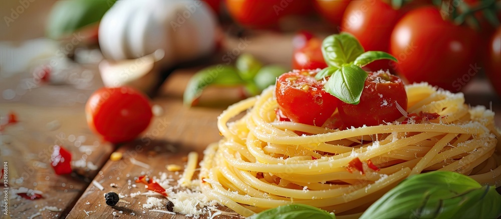 Poster Items required to prepare authentic Italian spaghetti includes fresh tomatoes garlic and basil with ample space for customization in the dish