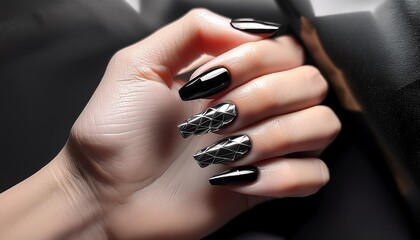 A close-up of a hand with long, square-shaped nails painted in a matte black color
