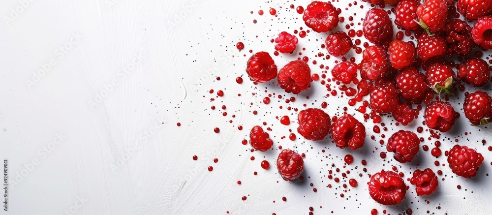 Poster Vibrant red raspberry with copy space image on white background