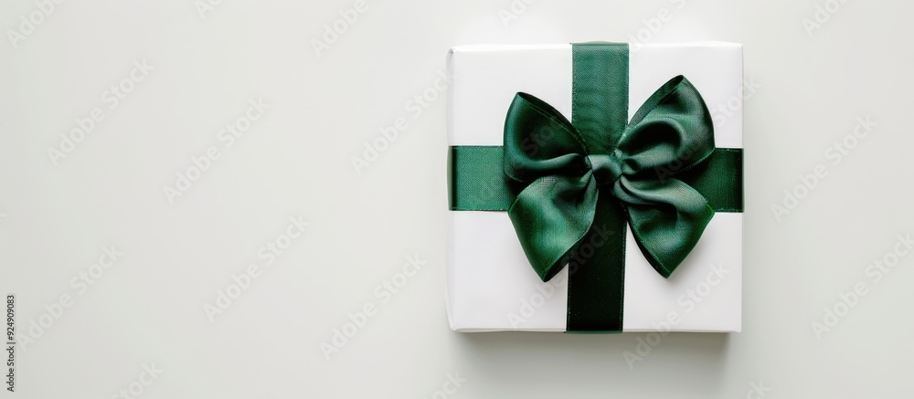 Poster top view of a white gift box with a green ribbon bow on a white background suitable for both christm