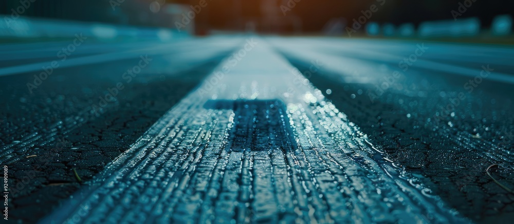 Poster a running track featuring a lane numbered one in blue with abundant copy space image
