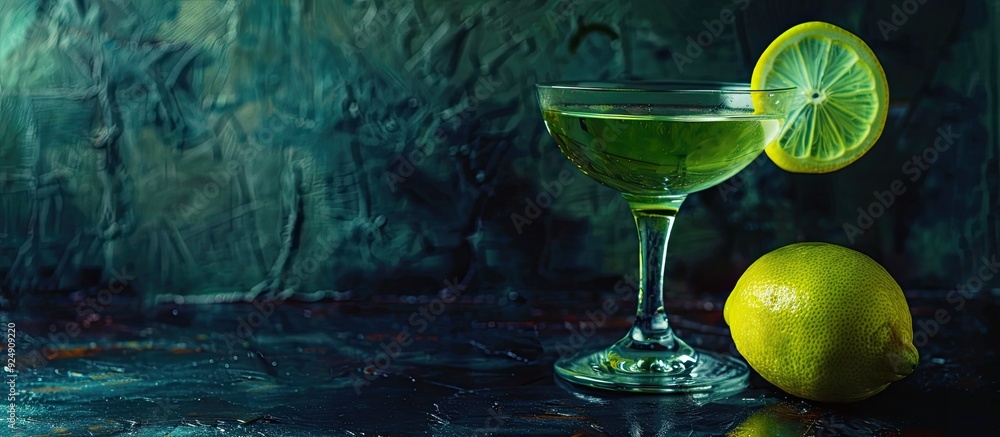Poster a green lemon placed with a cocktail glass on a dark backdrop creating a stylish copy space image