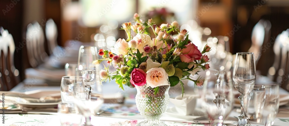 Poster indoor table setting with a stunning bouquet of flowers in a vase offering an ideal copy space image