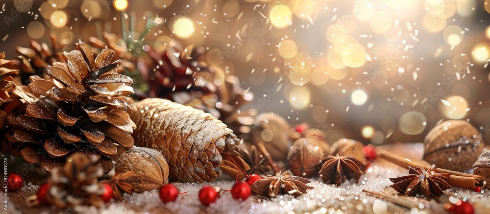 Poster festive greeting background for new year with cones nuts and cinnamon perfect for copy space image