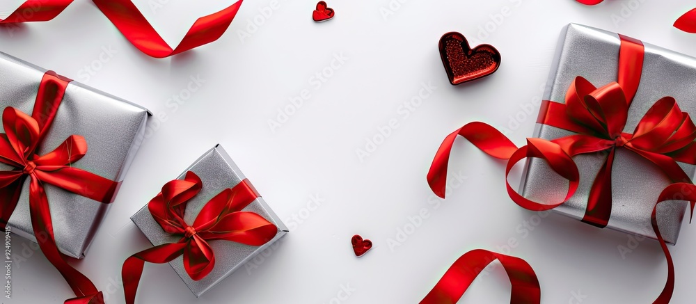 Poster valentines concept with red ribbon and silver gift box set against white background providing copy s