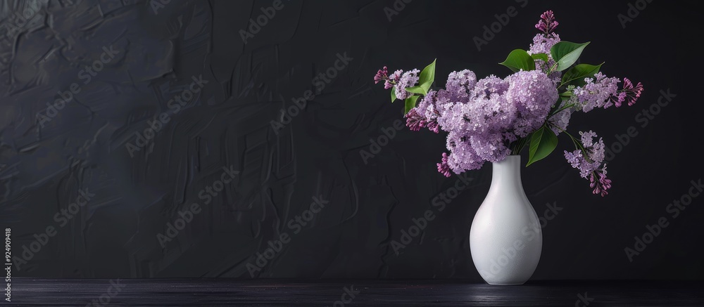 Aufkleber white vase with lilac on dark table against black backdrop with copy space image