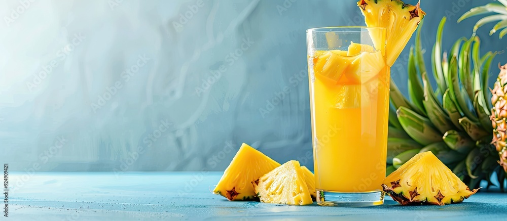 Poster Pineapple juice and slices on blue backdrop with copy space image