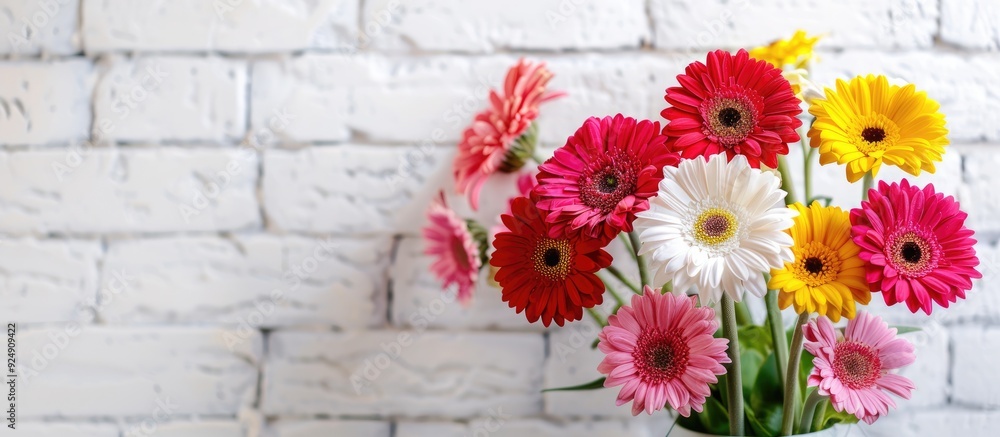 Poster Mock up displaying a vibrant bouquet of gerbera daisies on a white brick backdrop with copy space image