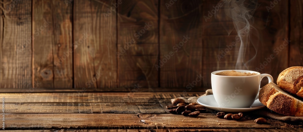Aufkleber panoramic banner with a rustic wood background displaying a steaming cup of coffee alongside bread f