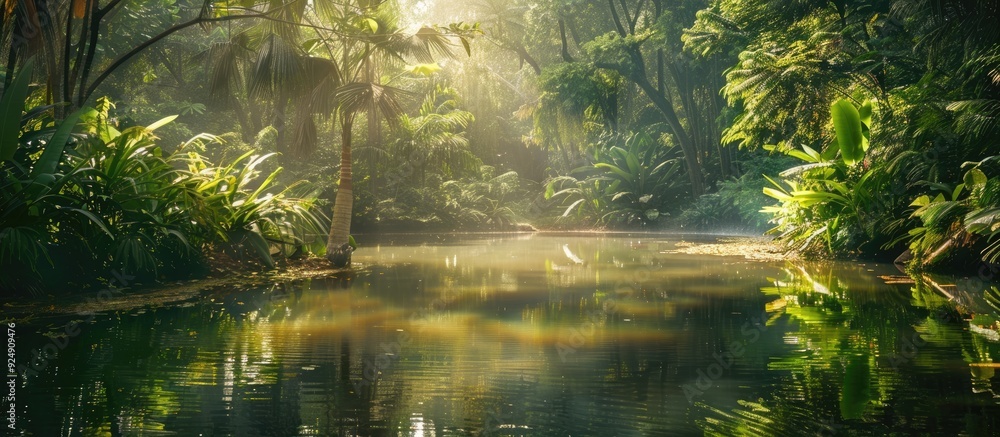 Poster sunny day in the jungle with a tranquil pond for wild animals and trees great for a copy space image