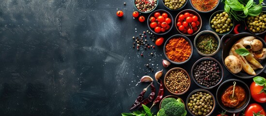 An overhead image displays an artfully arranged food composition showcasing fresh vegetarian items with spacious room for text. Creative banner. Copyspace image