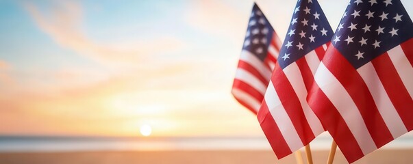 Labor Day sunset beach celebration, USA flags, relaxed atmosphere