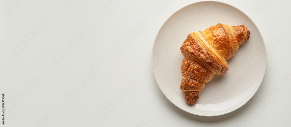 Poster french croissant on a plate with copy space image against white backdrop