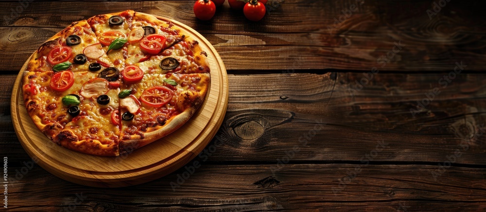 Poster a tempting pizza displayed on a wooden board with copy space image