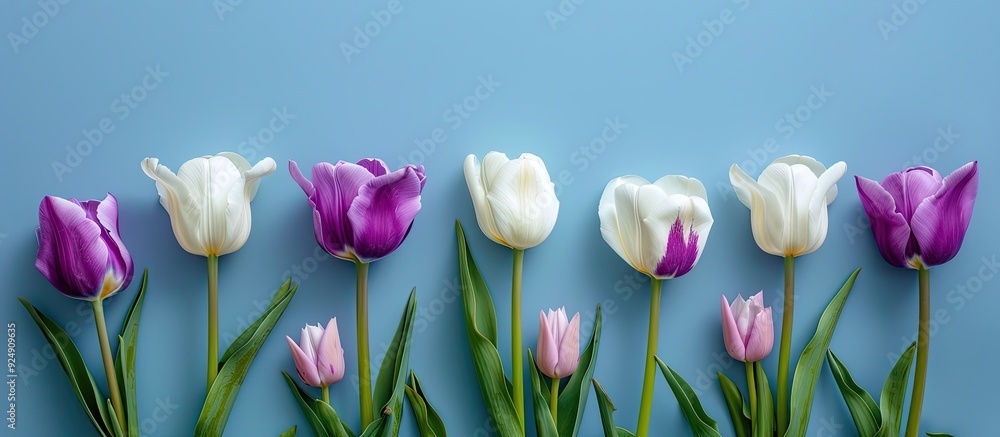 Poster violet and white tulips arranged on a blue backdrop in classic blue color copy space image