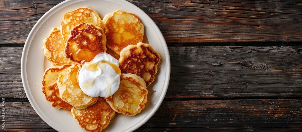 Poster view from above of light and fluffy cottage cheese pancakes or russian syrniki with sour cream and c
