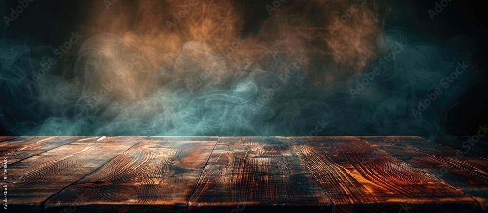 Aufkleber Wooden table with a dark hazy backdrop ideal for web backgrounds on vintage promotional materials to spotlight items with copy space image
