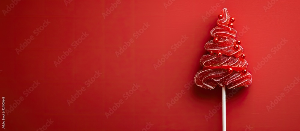 Fototapete a lollipop designed as a christmas tree against a red backdrop with space for additional images