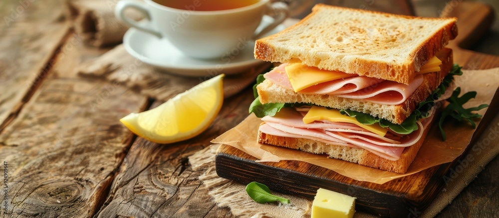 Aufkleber Sandwich with ham butter and cheese on a wooden cutting board beside a cup of tea with lemon all set against a rustic backdrop offering ample copy space image