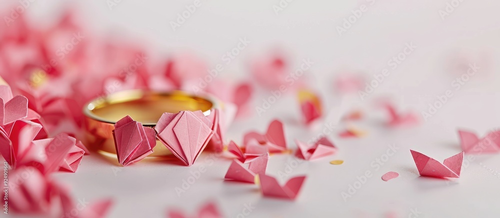 Poster a wedding ring adorned with origami hearts on a white background with space for additional images to