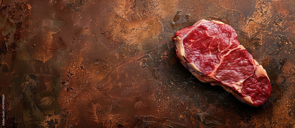Poster Top view of a raw ribeye beef steak displayed on a textured brown concrete surface in a flat lay composition with copy space image