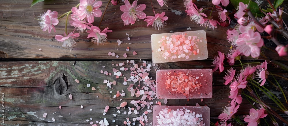 Poster a selection of three unique salt soaps alongside pink flowers set against a dark wooden backdrop wit