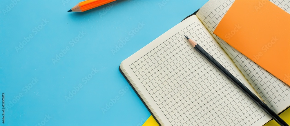 Leinwandbilder top view of an open notebook with a black pencil orange candles and a perforated sheet of paper on a
