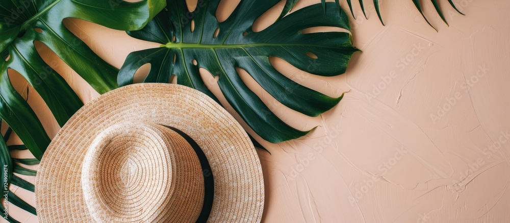 Aufkleber Summer holidays depicted through a flat lay image featuring a straw hat and tropical leaf with a top view perspective and ample copy space available