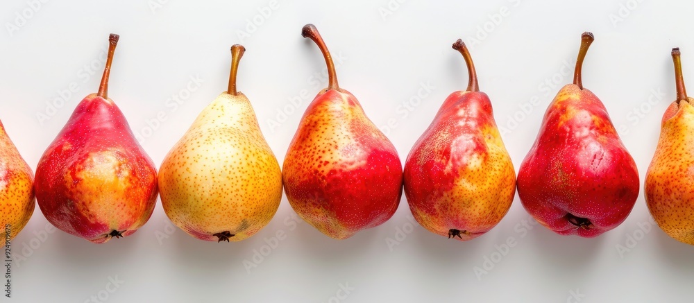 Poster Overhead view of vibrant ripe pear fruits in red and yellow shades set against a white backdrop providing space for text or other elements in the image. Creative banner. Copyspace image