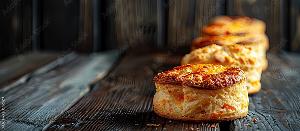 Poster a line up of cheese scones placed neatly on a vintage black wooden table with a vast copy space imag