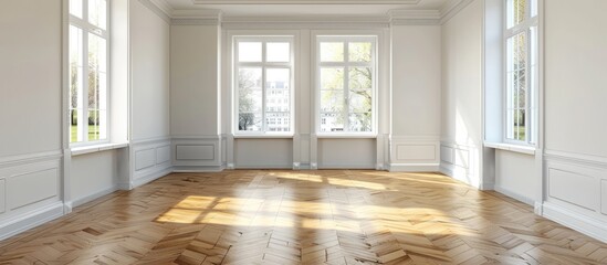 Newly renovated apartment with two windows white walls and a wooden floor showcasing an empty room with a copy space image