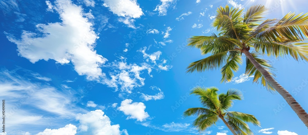 Aufkleber a serene tropical scene featuring palm trees against a backdrop of clear blue skies with fluffy whit