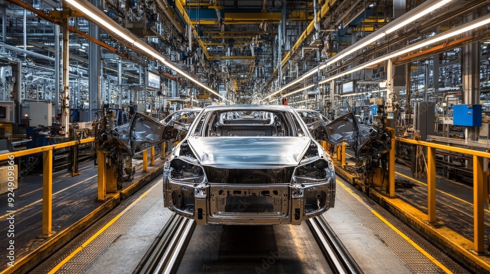 Poster an automated assembly line in a car manufacturing plant with a partially assembled car in the foregr