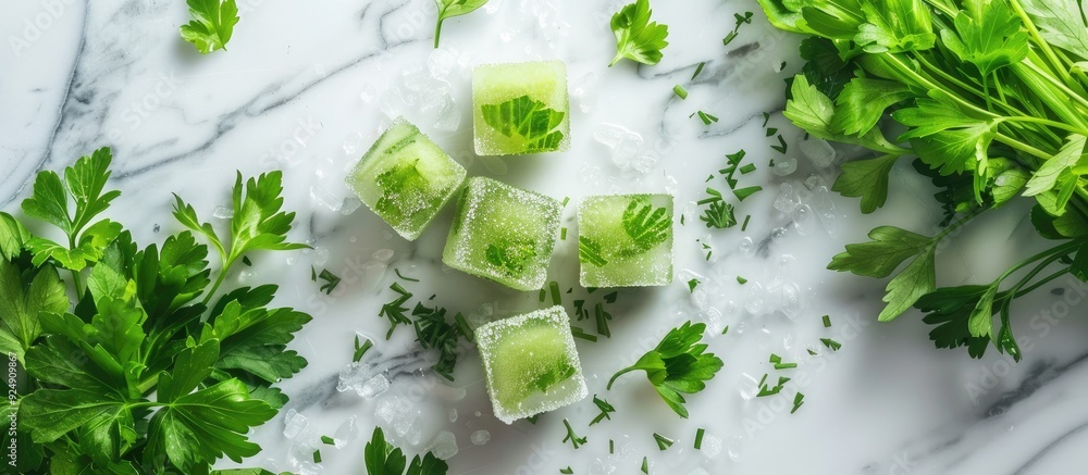 Leinwandbilder fresh parsley and parsley ice cubes frozen for cooking displayed on a marble surface with a selectiv
