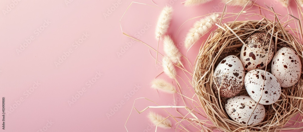 Aufkleber easter greeting card with white basket of quail eggs and dry grass branch on pink background featuri