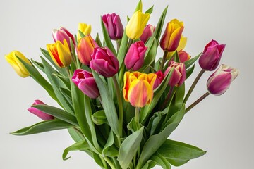 Obraz premium Bouquet of colorful tulips is standing in a vase against a white background