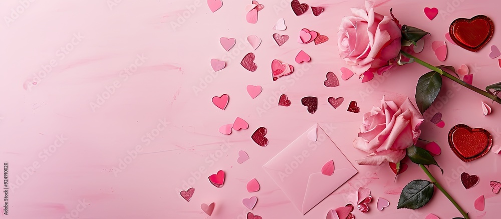 Aufkleber A pink rose and heart shaped confetti made of paper adorn a soft pink backdrop complete with a card for text on this holiday themed flat lay with a top view perfect for a message with copy space image