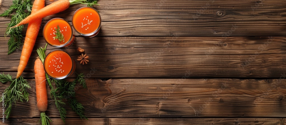 Poster Wooden table with fresh carrot juice in flat lay configuration suitable for text in copy space image