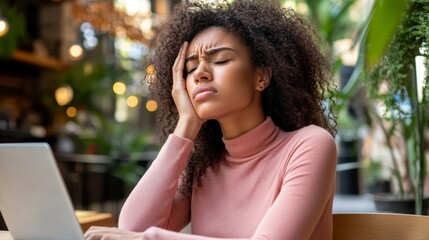 Young woman with hands on head looks at a laptop screen with a worried expression, perhaps dealing with a problem or challenging task