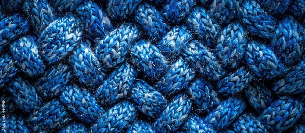 Poster Horizontal blue indigo knitted wool texture background pattern with selective focus and copy space image in a top view