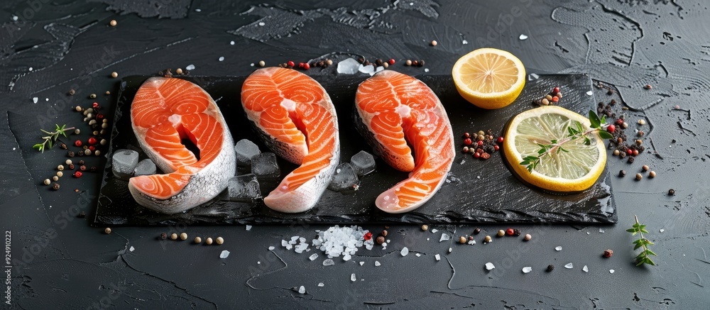 Poster Fresh raw salmon and trout steaks displayed on a sleek black slate board with ice salt pepper and lemon ideal for a nutritious meal Ideal for a copy space image