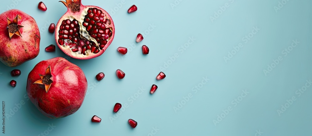 Poster copy space image featuring whole and cut pomegranate fruit on a light blue background in a square la