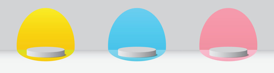 Elegant 3D white cylinder podiums with pastel yellow, blue, and pink semicircle backdrops geometric and modern