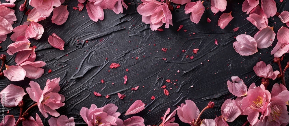 Poster pink cherry tree petals on colored cardboard with a floral valentine s theme on black paper for your